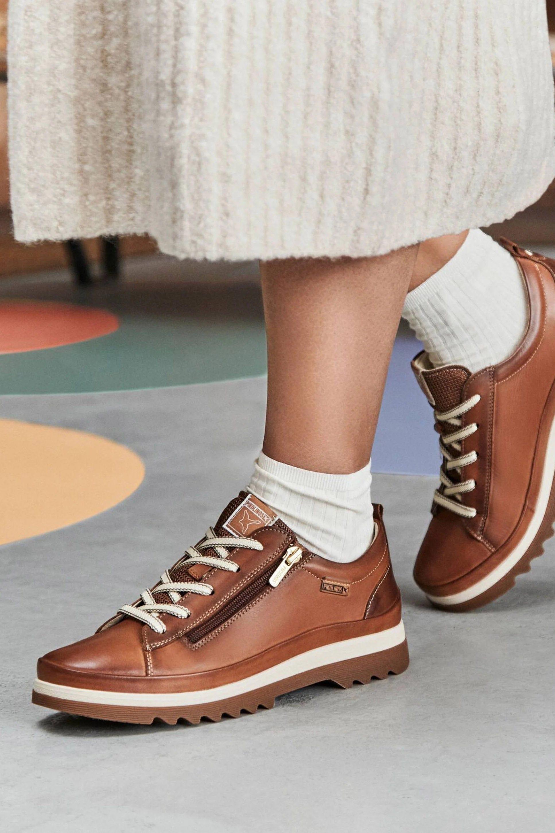 Pikolinos Vigo Leather Trainers with Lace and Zip - Brandy