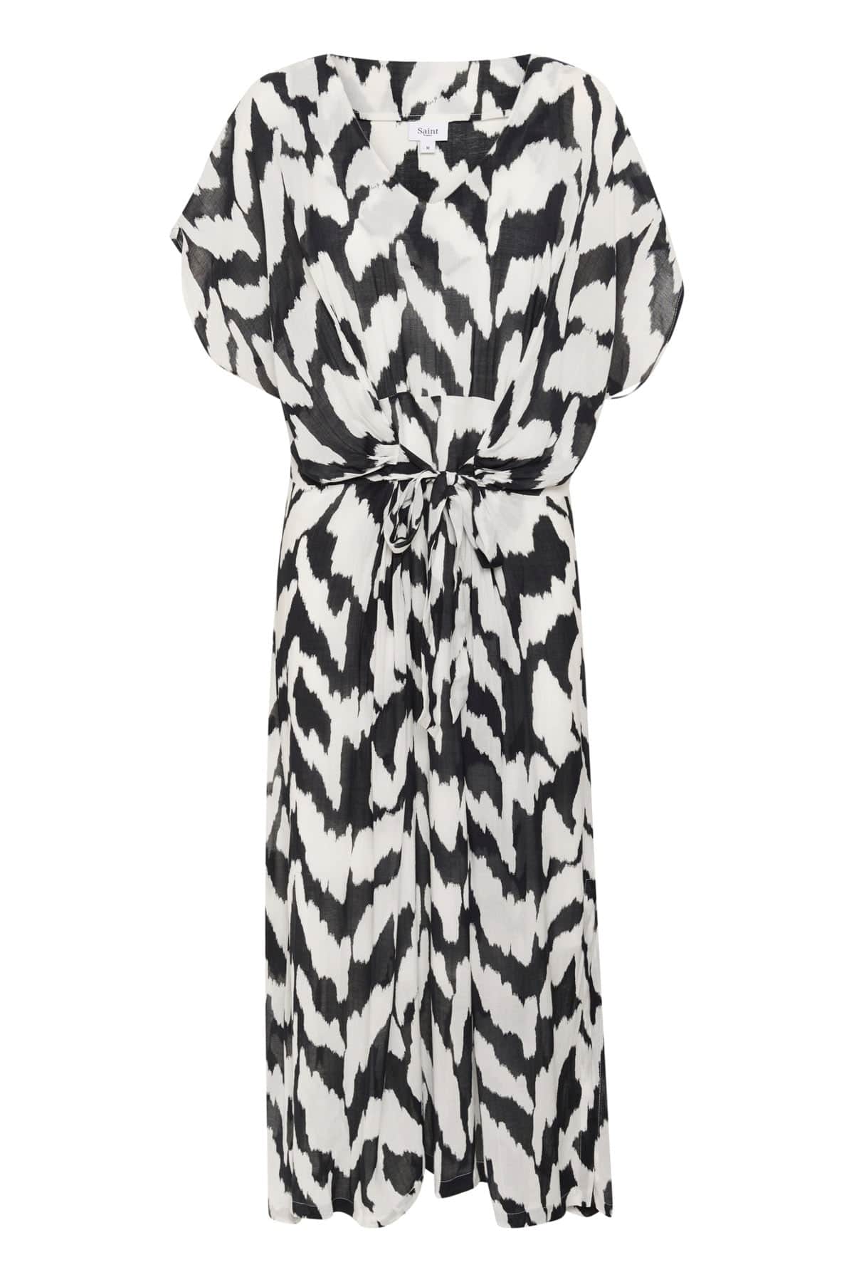 Saint Tropez Eya Tie Detail Midi Dress - Black Monochrome Strokes