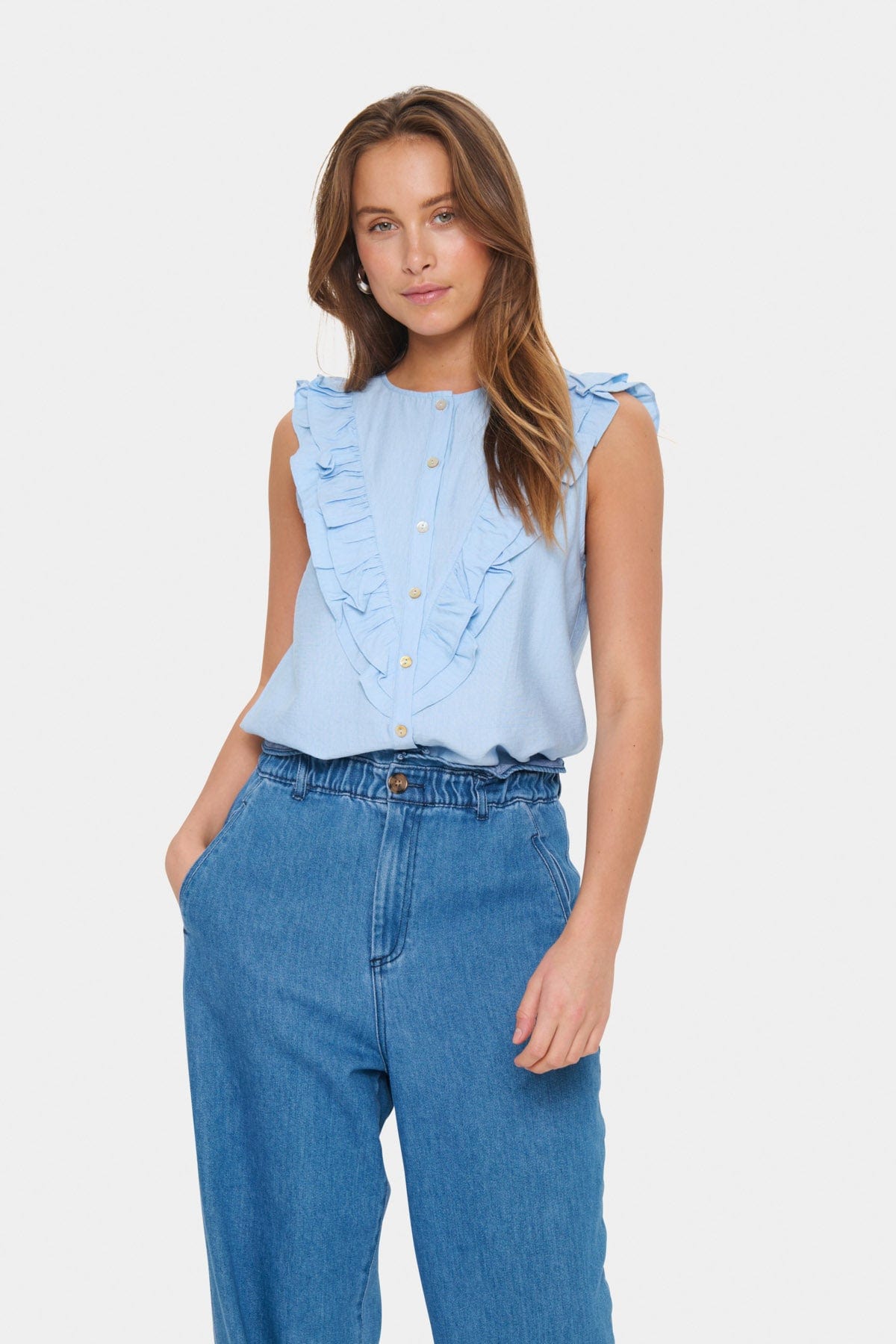 Saint Tropez Klaudia Ruffle Detail Sleeveless Top - Chambray Blue