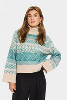 Saint Tropez Micha Rollneck Patterned Jumper - Aqua Haze Melange