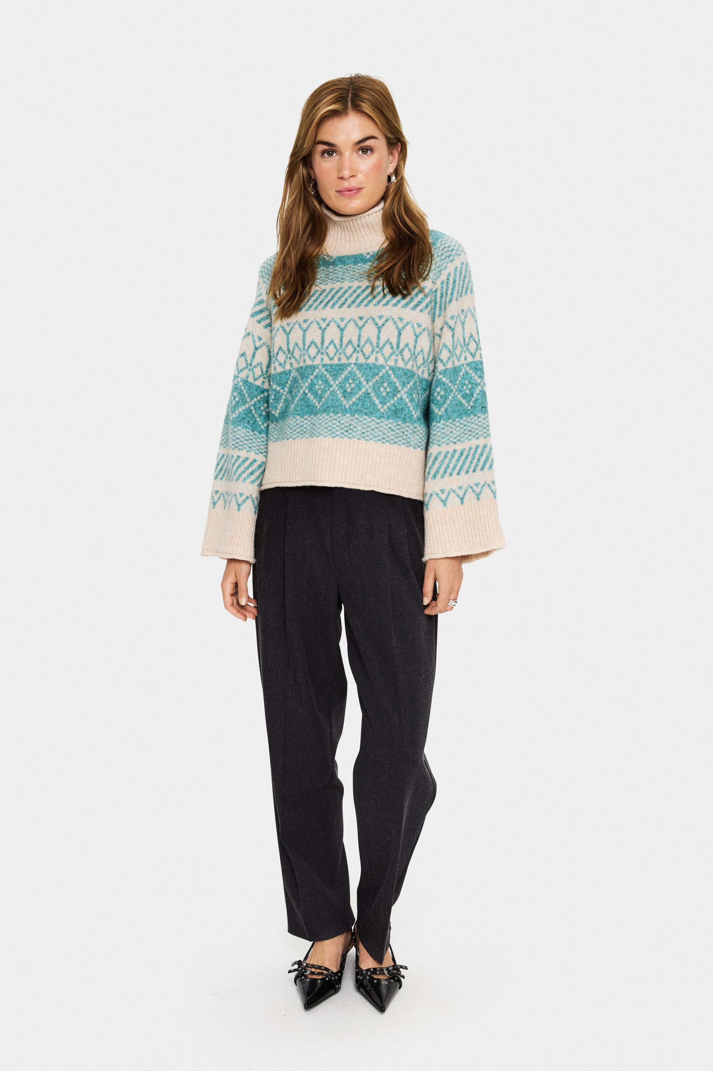 Saint Tropez Micha Rollneck Patterned Jumper - Aqua Haze Melange