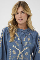 Saint Tropez Onaya Embroidered Blouse - Medium Blue Denim