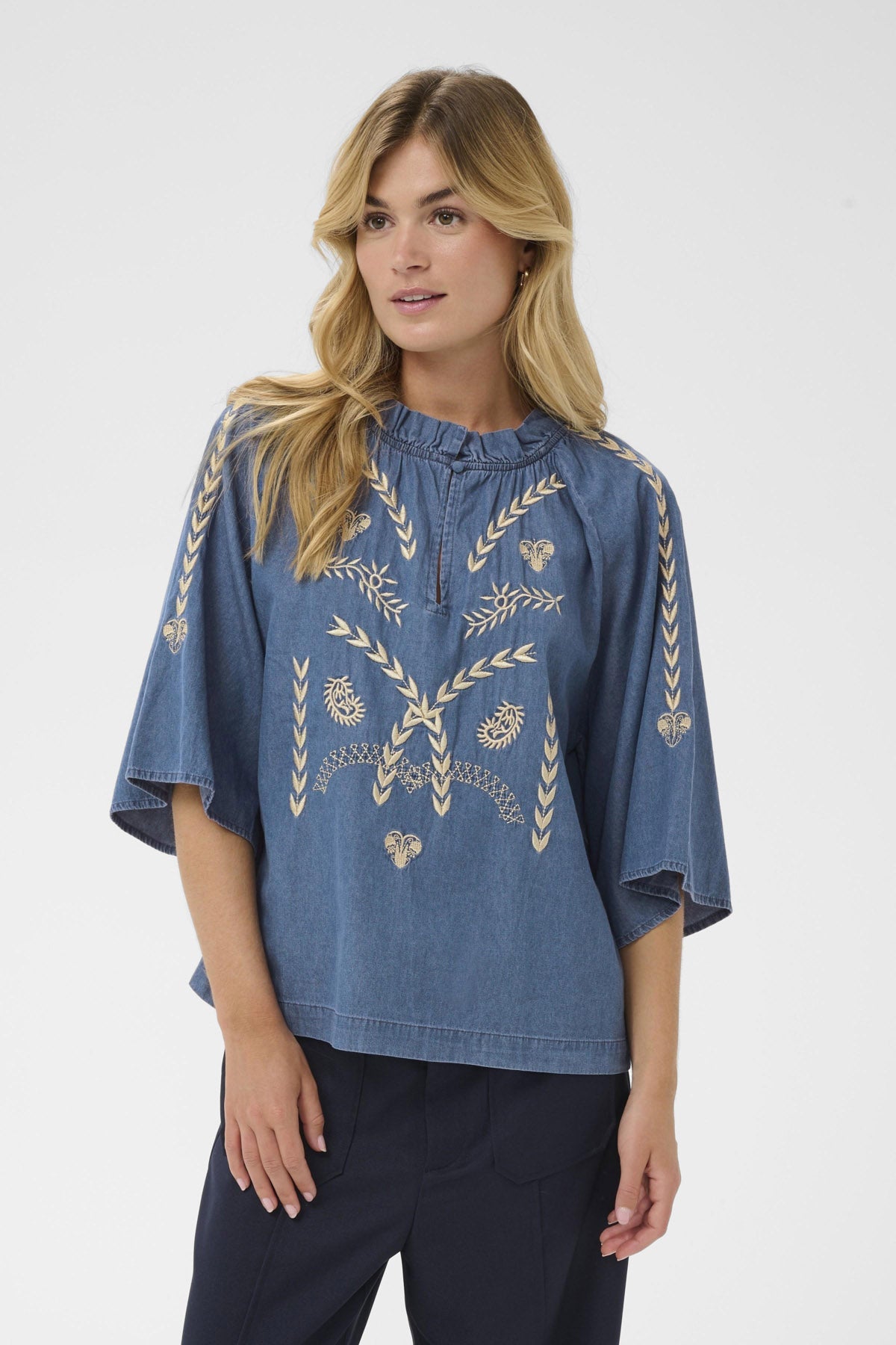 Saint Tropez Onaya Embroidered Blouse - Medium Blue Denim