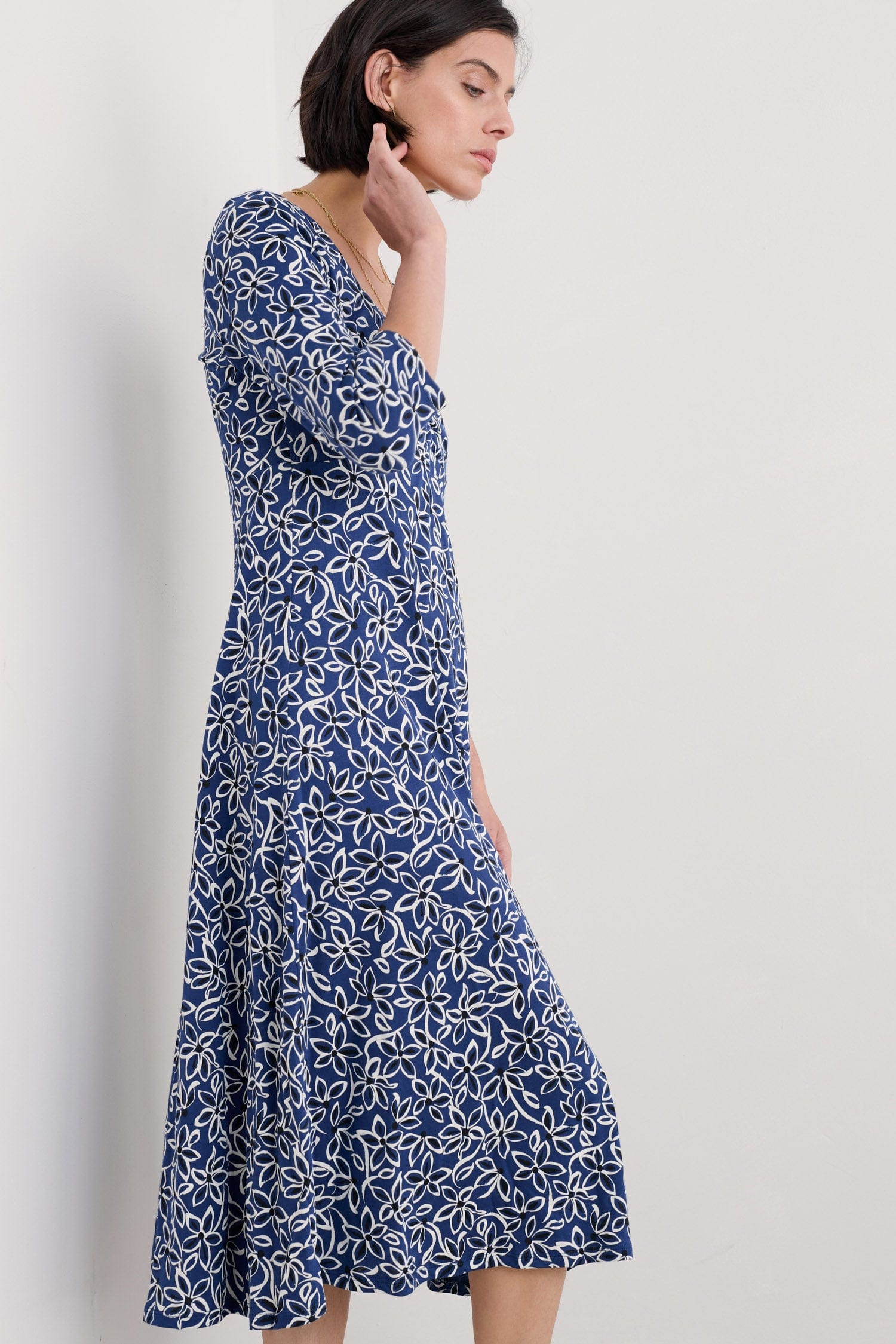 Seasalt 3/4 Sleeve Secret Cove Midi Dress - Harbour Floral Washed Marine