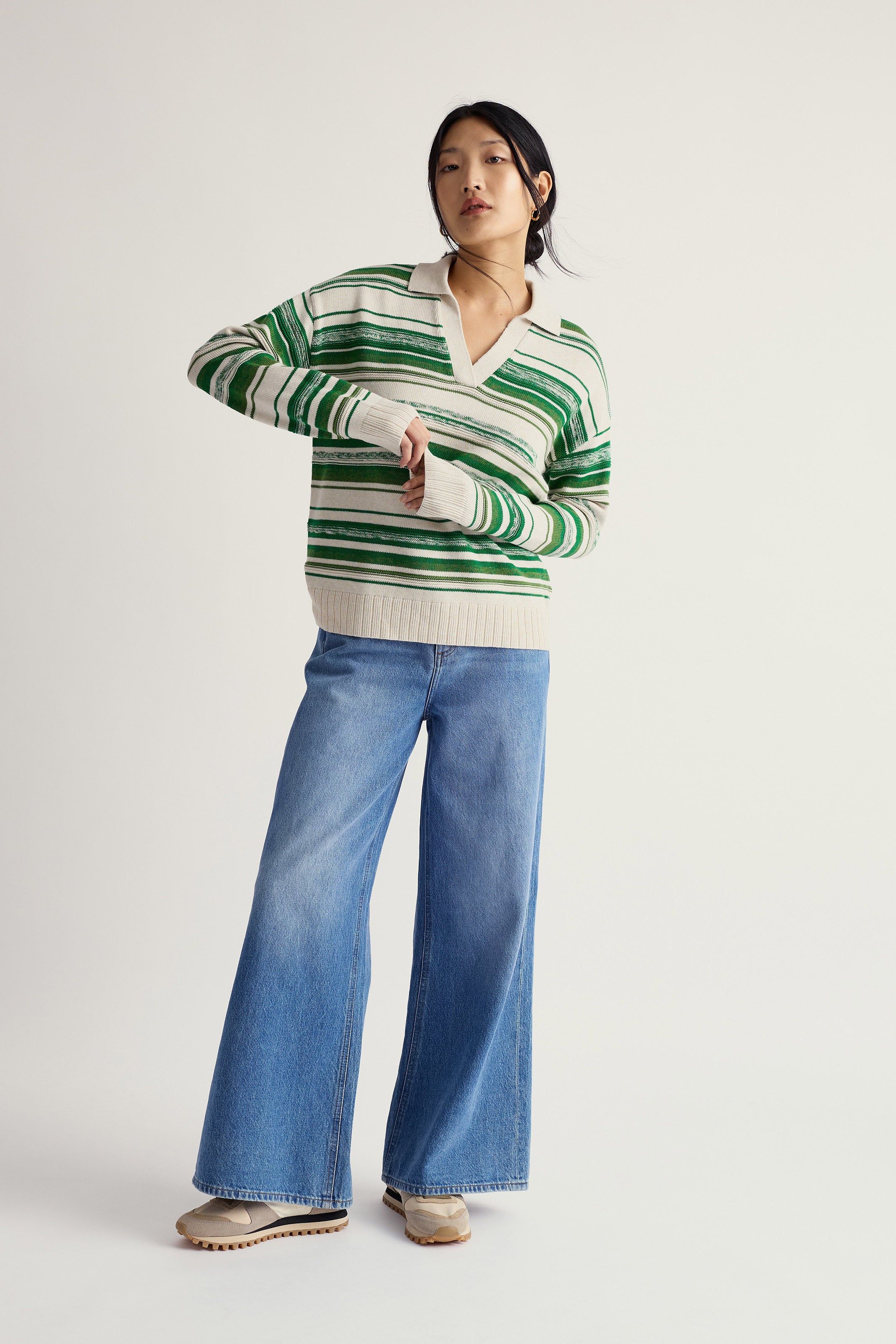 Seasalt Bird Flight V-Neck Collared Jumper - Corula Chalk Bright Green