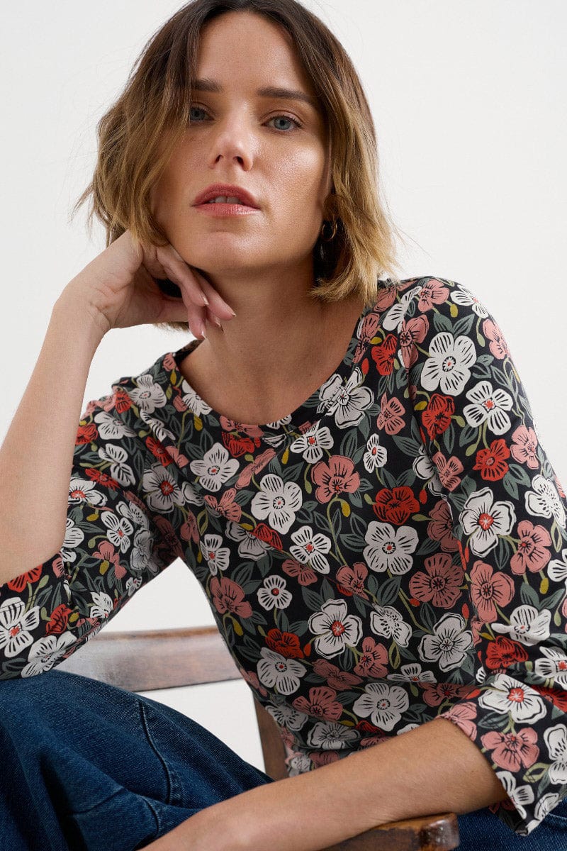 Seasalt Easel 3/4 Sleeve Top - Floral Tumble Onyx