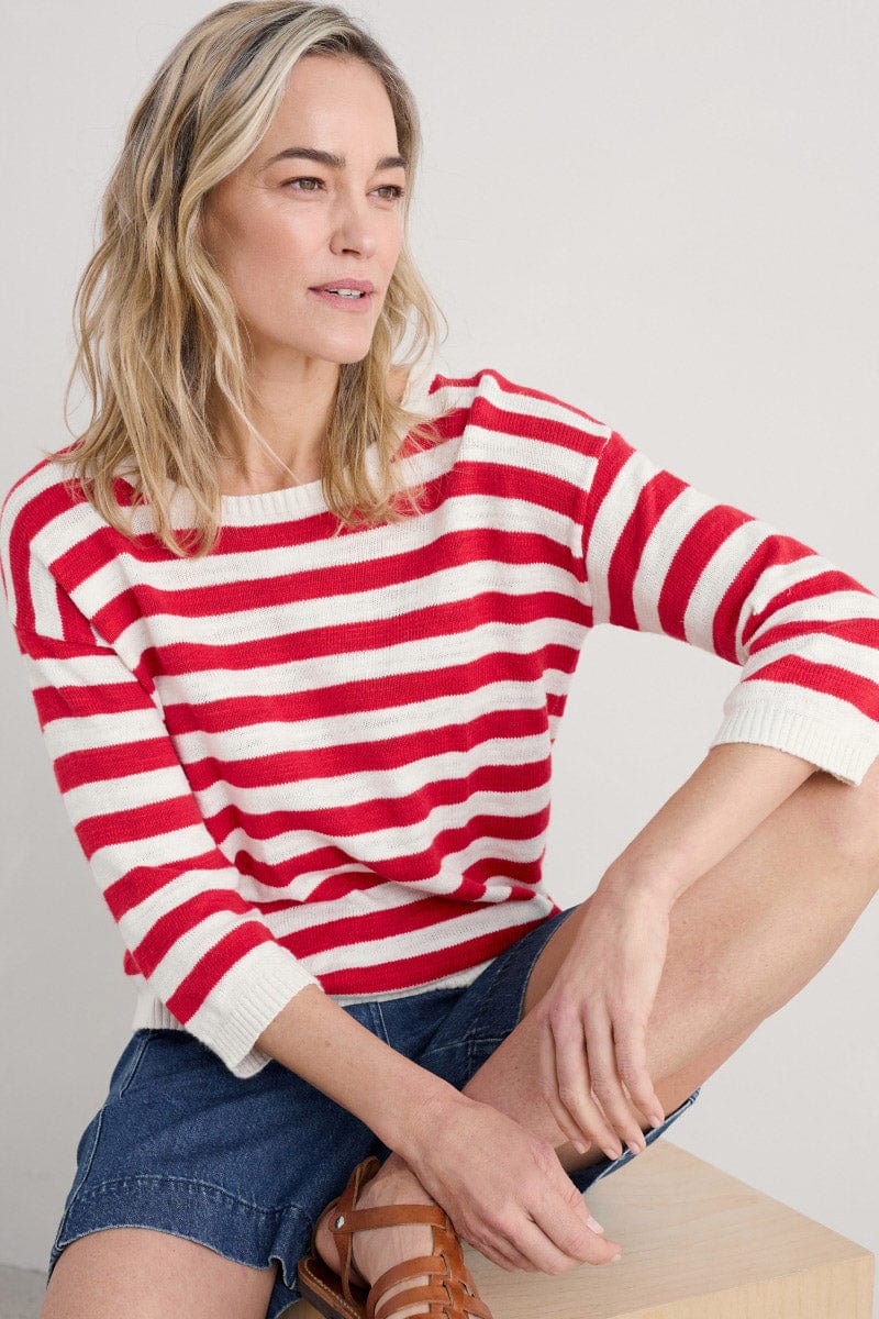 Seasalt Knavock Striped Jumper - Cornish Chalk Scarlet