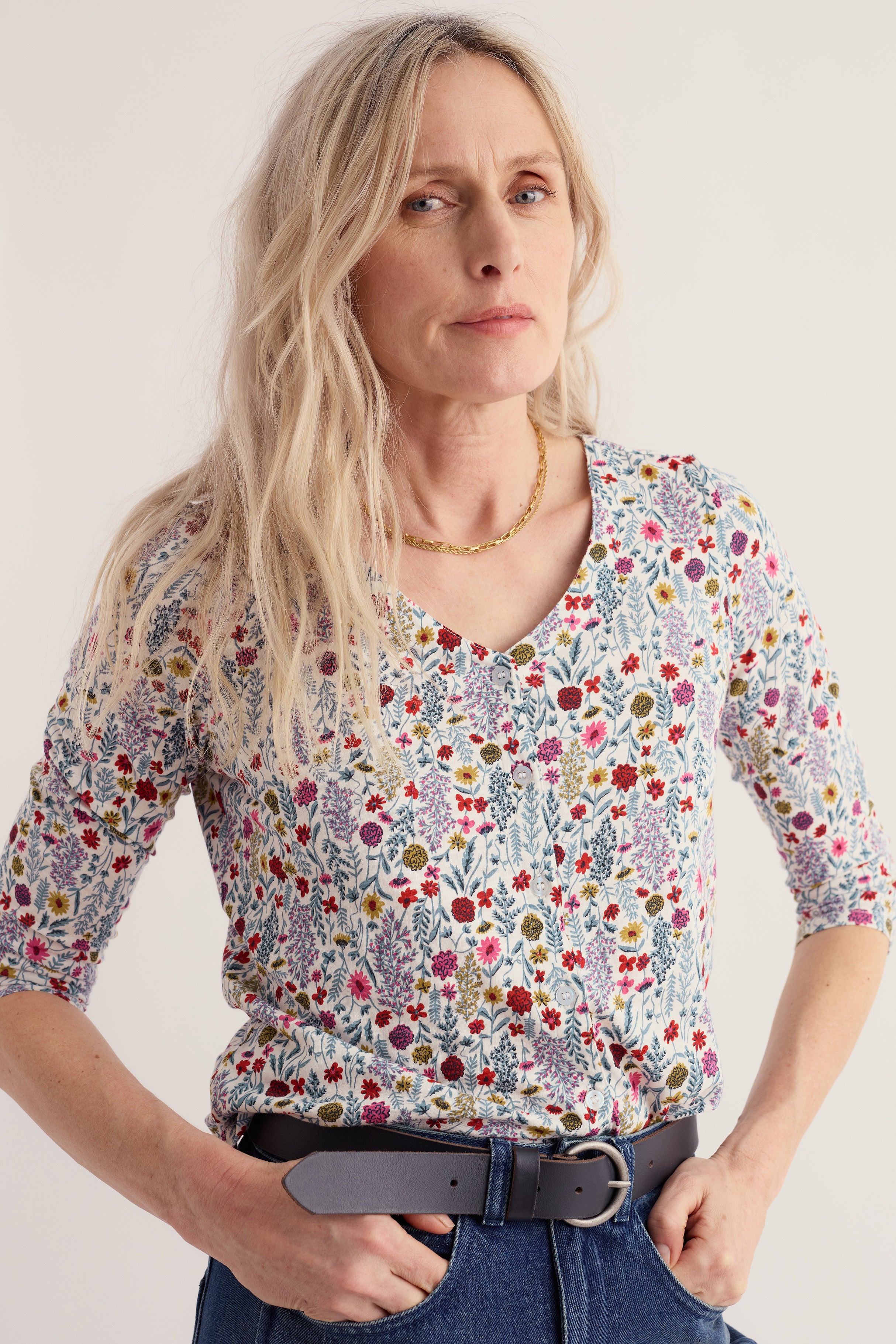 Seasalt Studio 3/4 Button-Through Top - Wild Borders Chalk