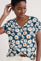 Seasalt Studio Glass V-Neck Jersey Top - Arty Daisy Dusky Jade