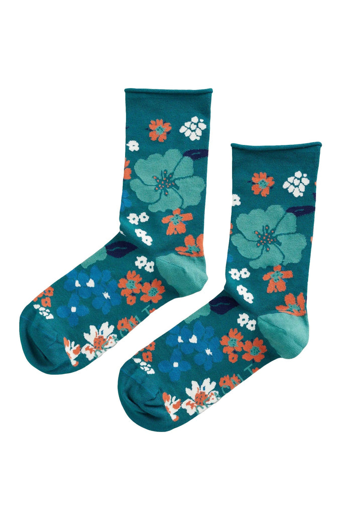Seasalt Women's Bamboo Arty Socks - Dense Floral Dark Thyme B-AC17165_31739_OS