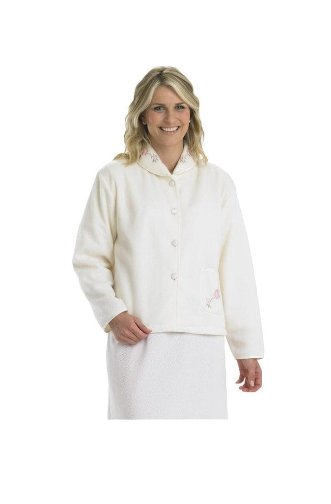Slenderella Embroidered Fleece Collar Style Bed Jacket - Vanilla