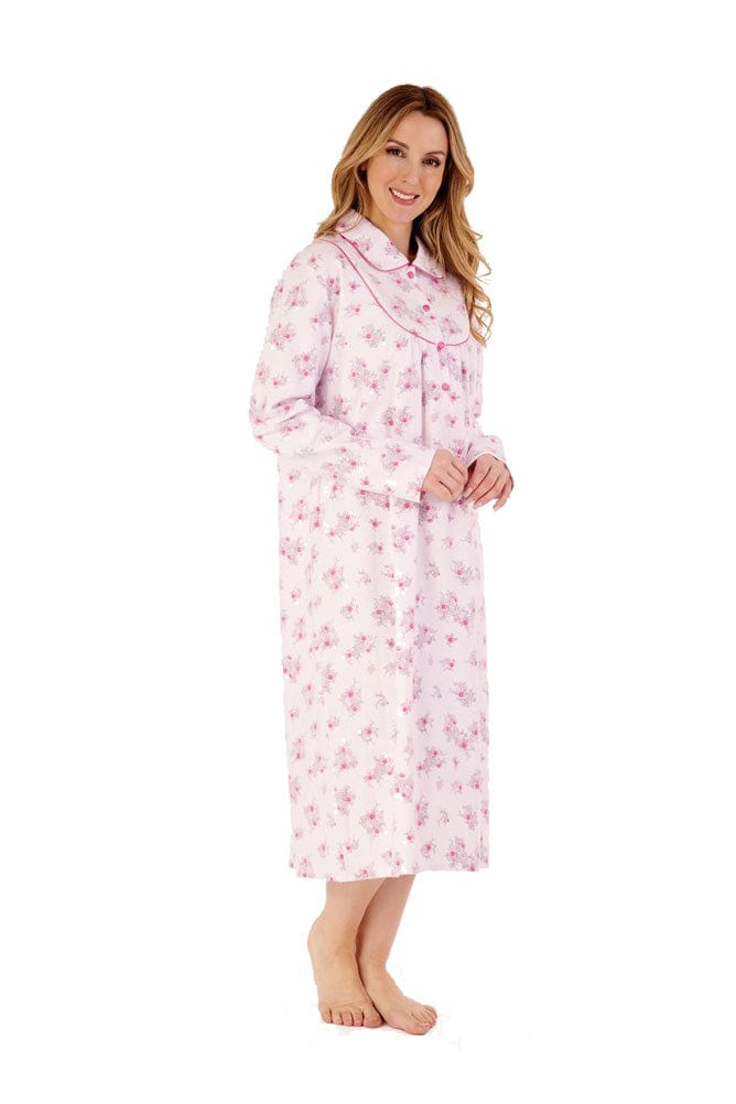 Slenderella Floral Long Sleeve Brushed Cotton Collared Nightdress - Pink