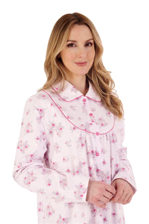 Slenderella Floral Long Sleeve Brushed Cotton Collared Nightdress - Pink