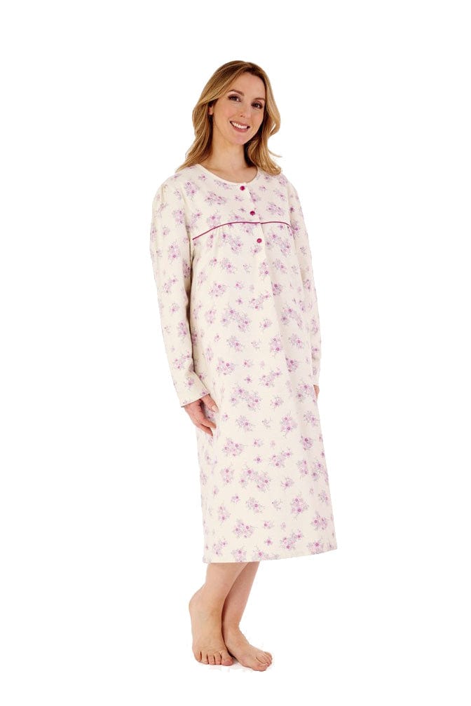 Slenderella Floral Long Sleeve Brushed Cotton Nightdress - Cream