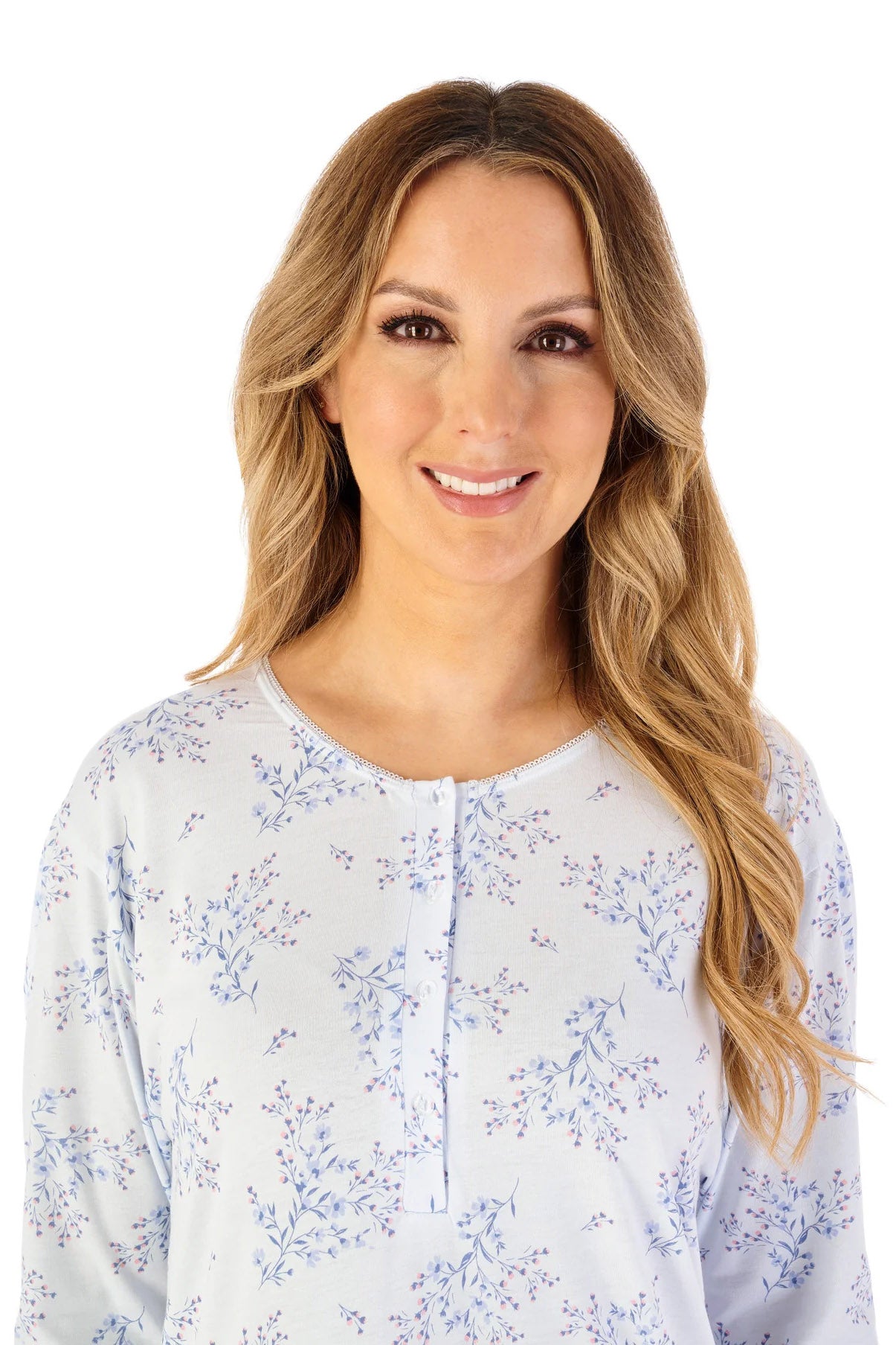 Slenderella Floral Print Bamboo Jersey Long Sleeve Nightdress - Blue