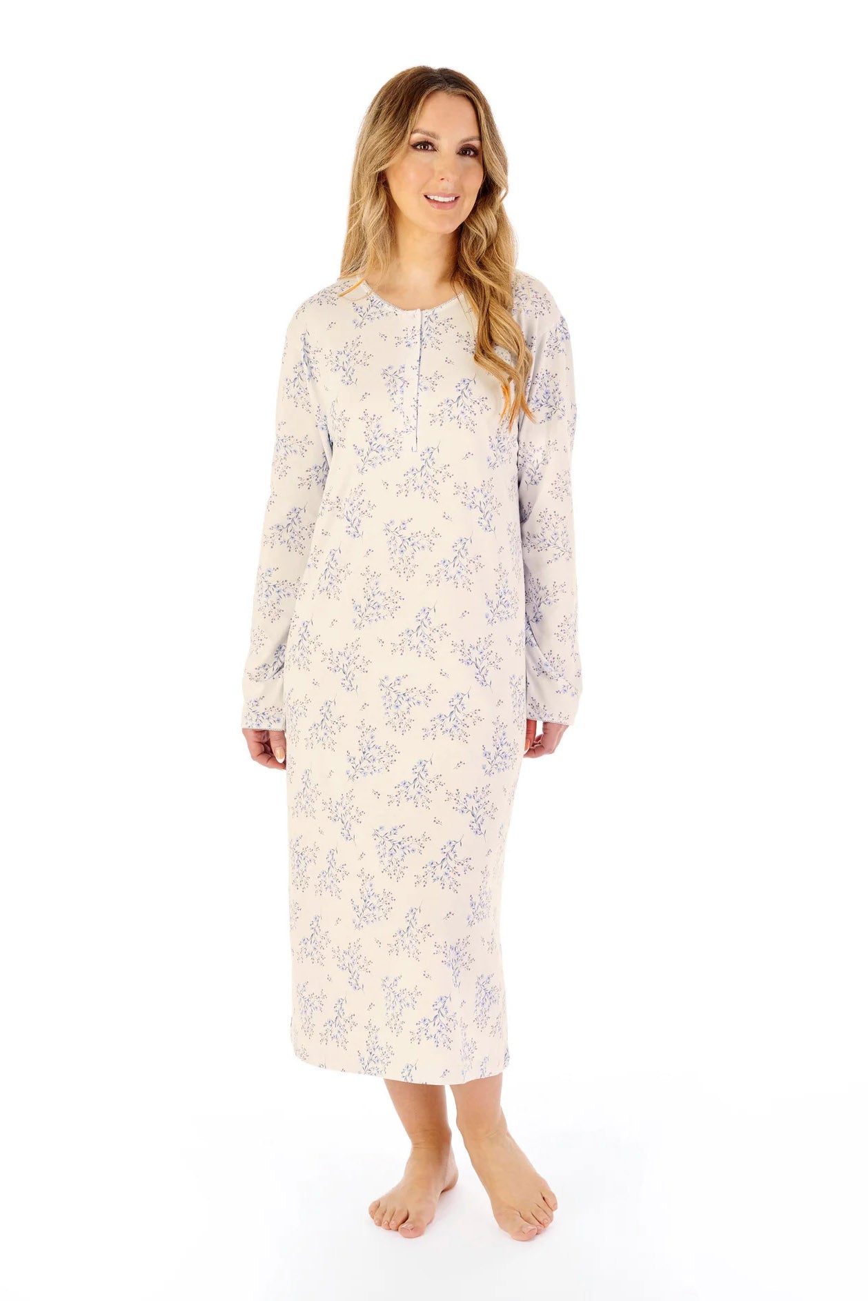 Slenderella Floral Print Bamboo Jersey Long Sleeve Nightdress - Ivory