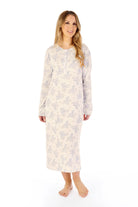 Slenderella Floral Print Bamboo Jersey Long Sleeve Nightdress - Ivory