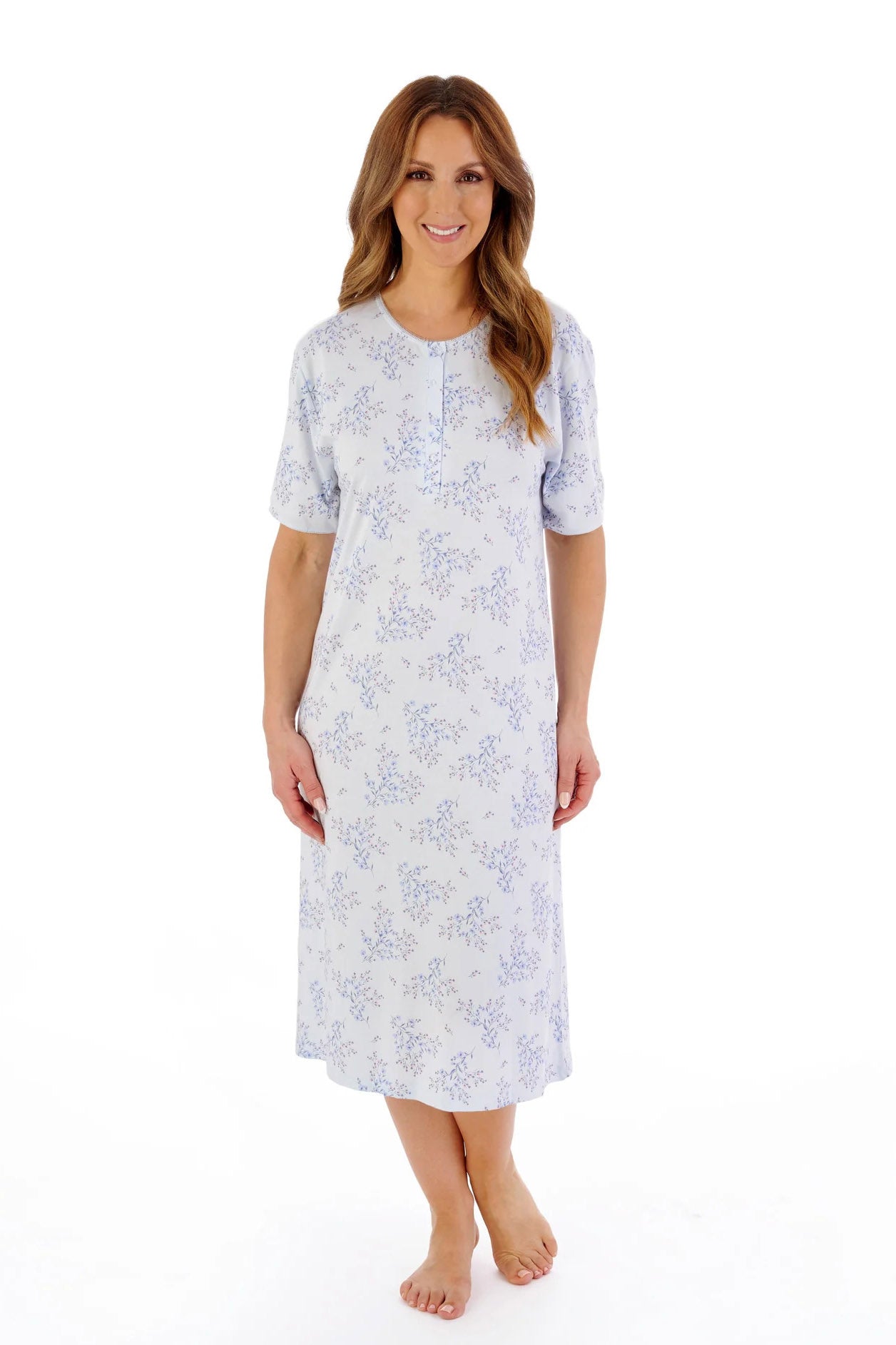 Slenderella Floral Print Bamboo Jersey Short Sleeve Nightdress - Blue