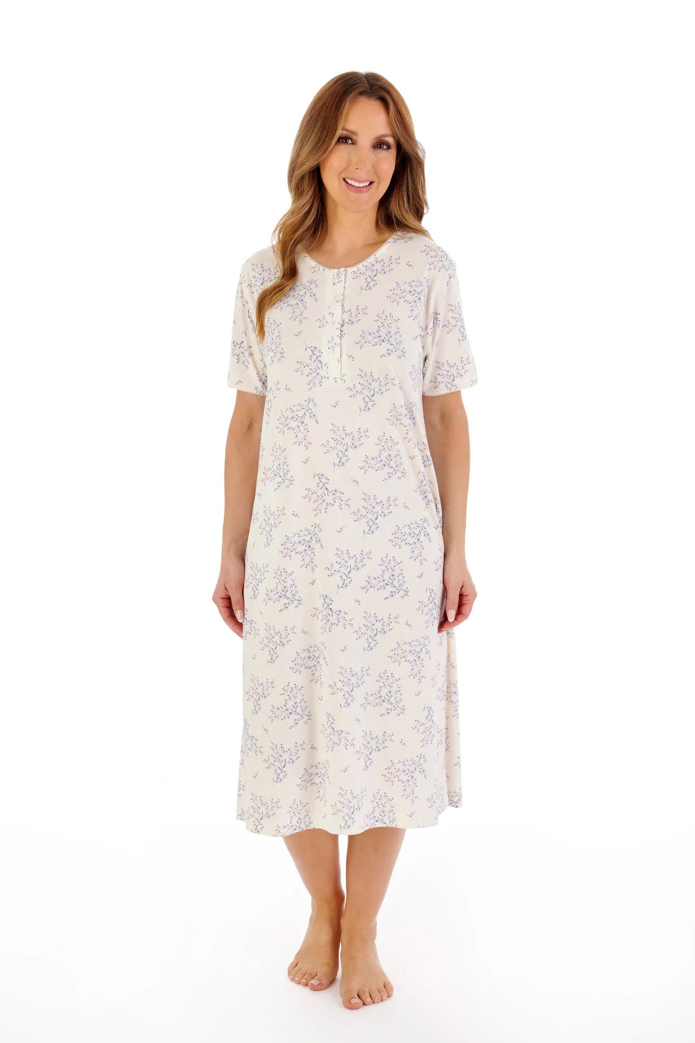 Slenderella Floral Print Bamboo Jersey Short Sleeve Nightdress - Ivory