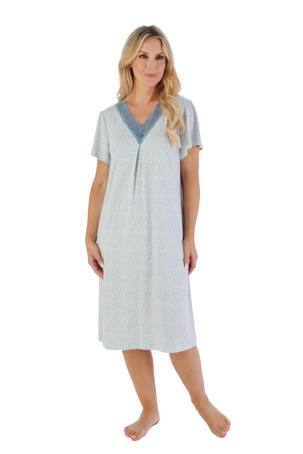 Slenderella Gaspe Supersoft 40 Inch Short Sleeve Nightdress - Blue Print