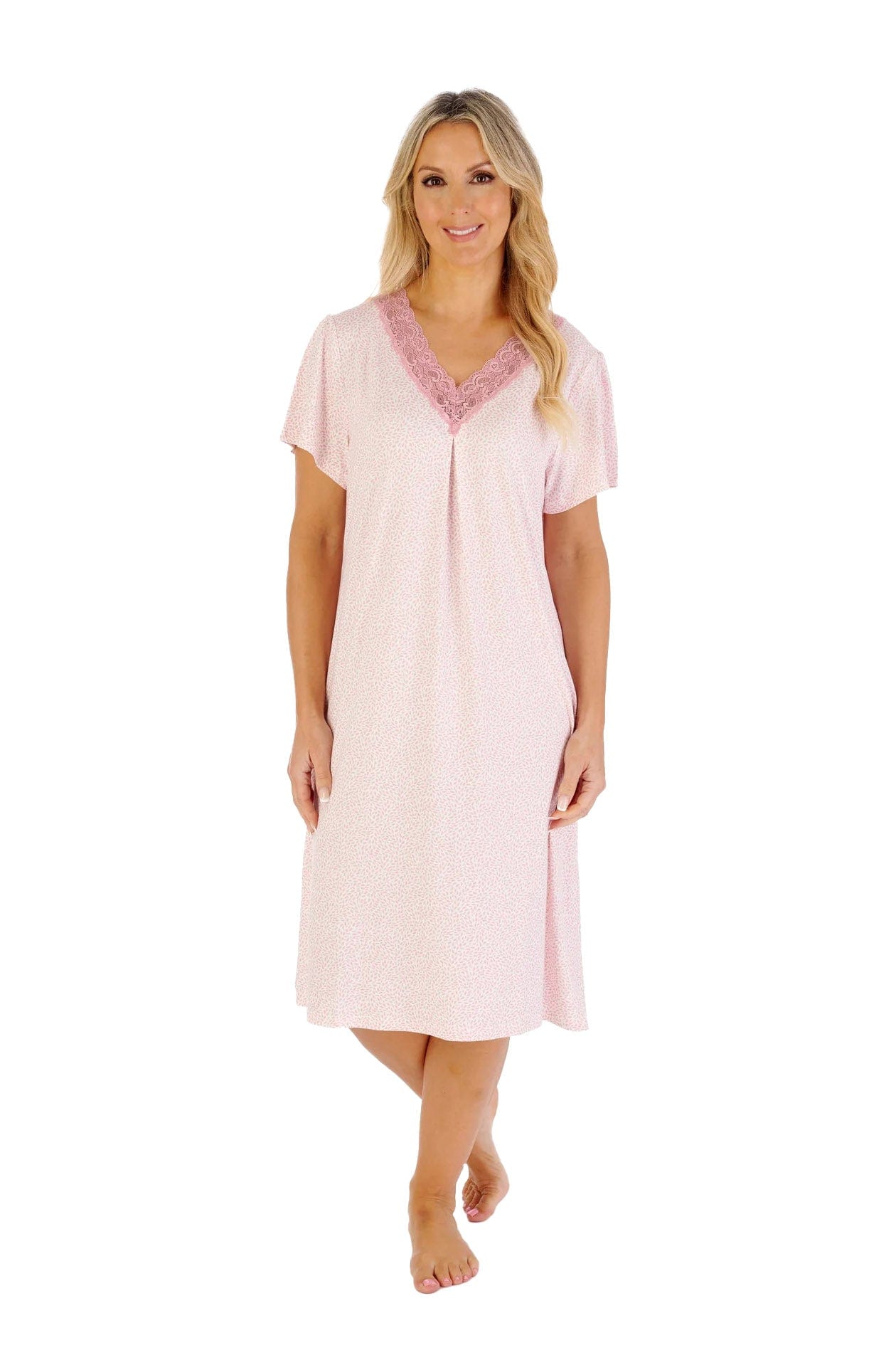 Slenderella Gaspe Supersoft 40 Inch Short Sleeve Nightdress - Pink Print