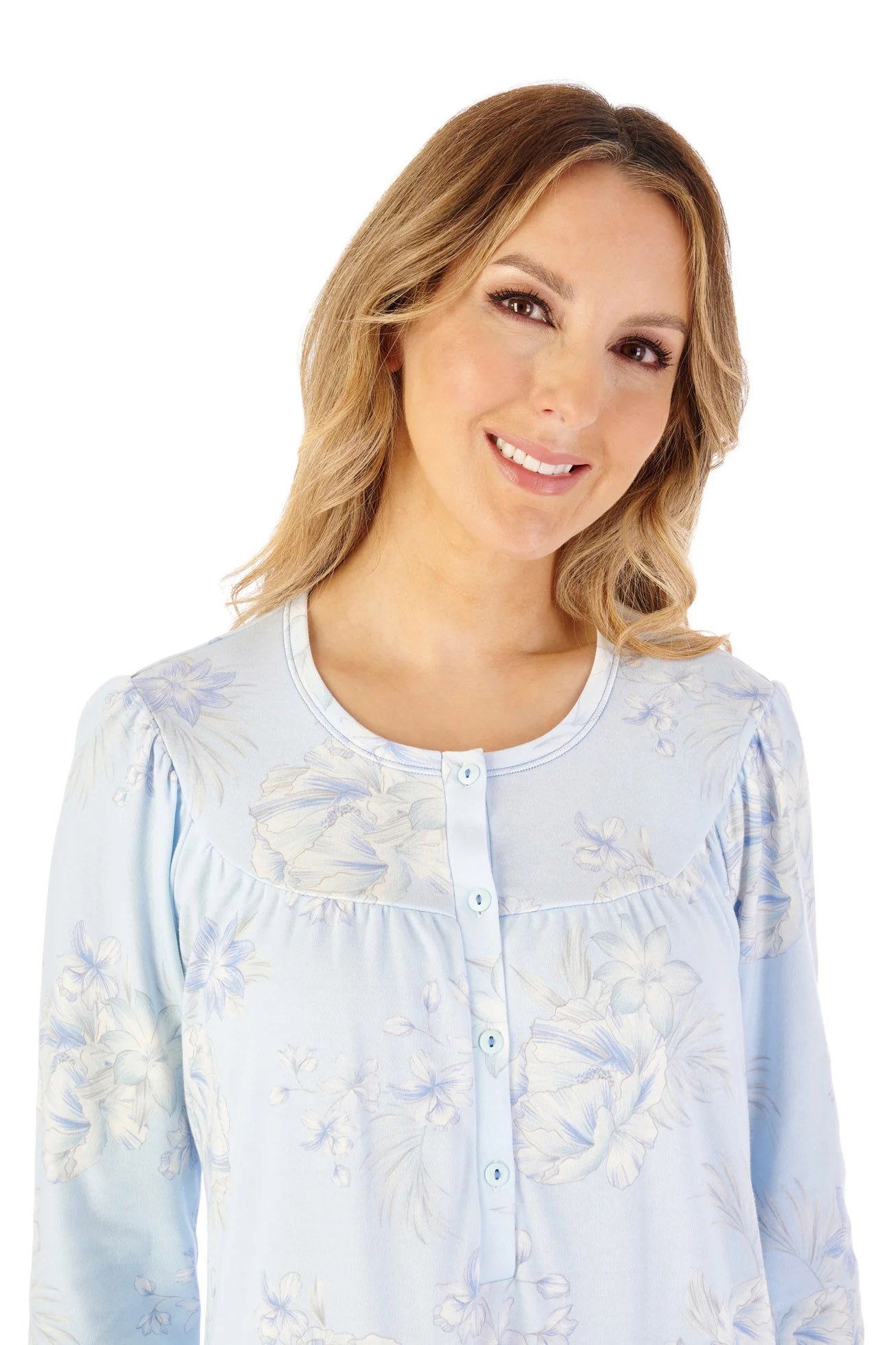 Slenderella Jersey Floral 43 Inch Long Sleeve Nightdress - Blue