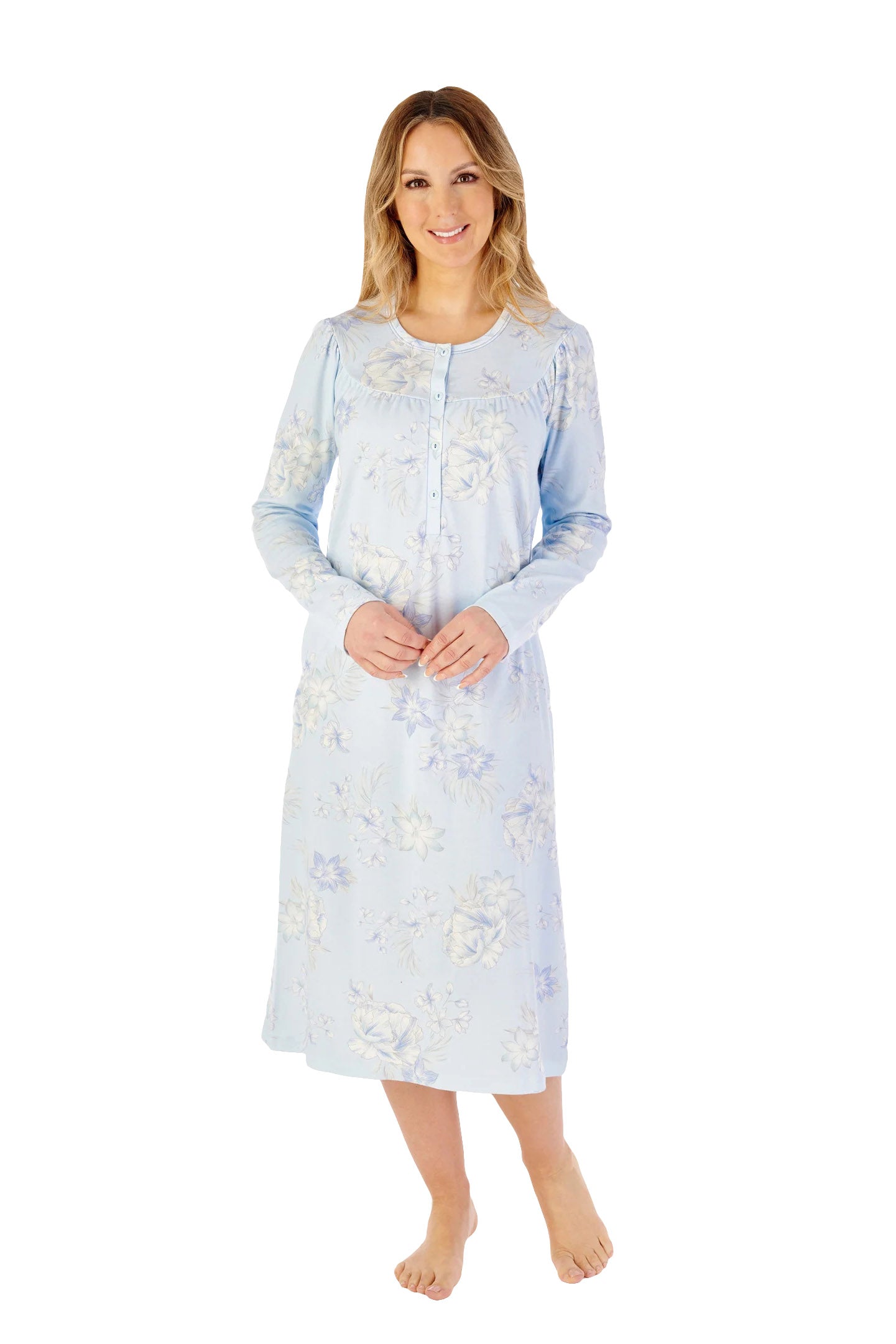 Slenderella Jersey Floral 43 Inch Long Sleeve Nightdress - Blue