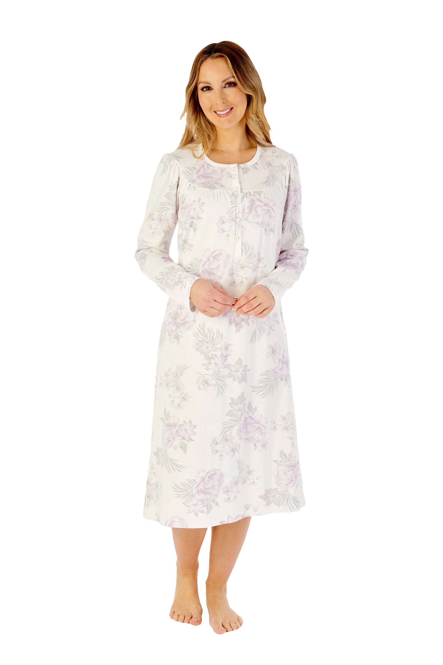Slenderella Jersey Floral 43 Inch Long Sleeve Nightdress - Lilac