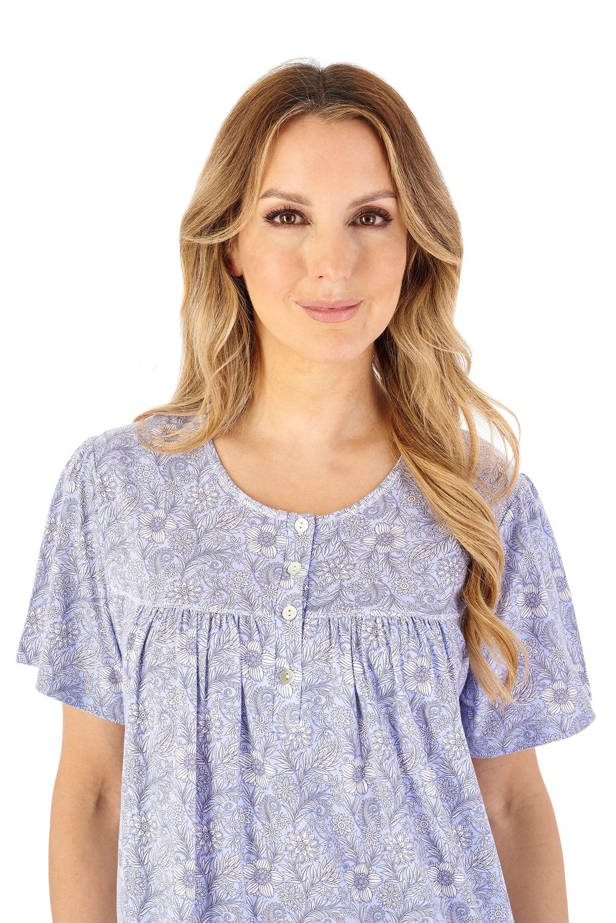 Slenderella Jersey Floral 45 Inch Short Sleeve Nightdress - Blue