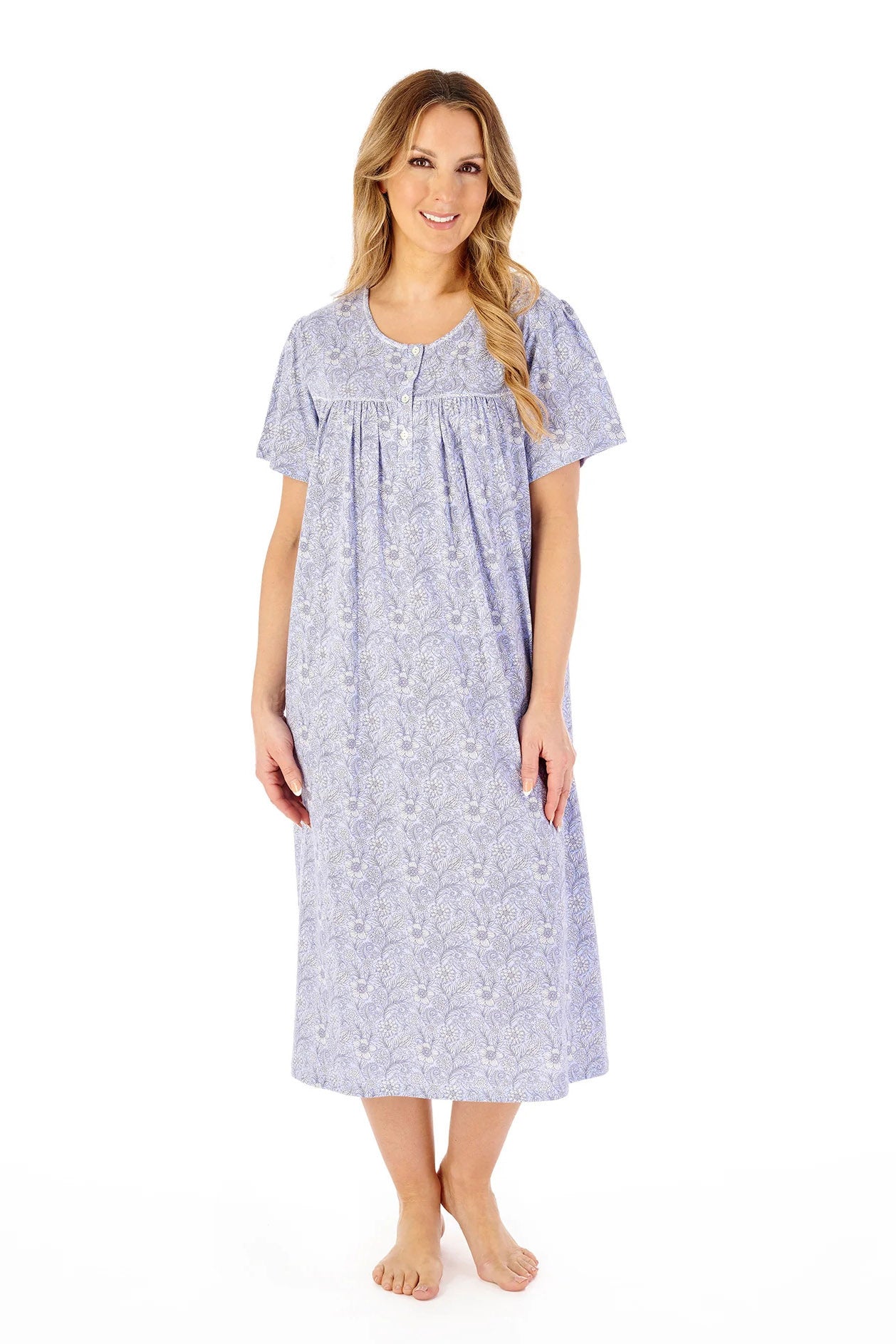 Slenderella Jersey Floral 45 Inch Short Sleeve Nightdress - Blue