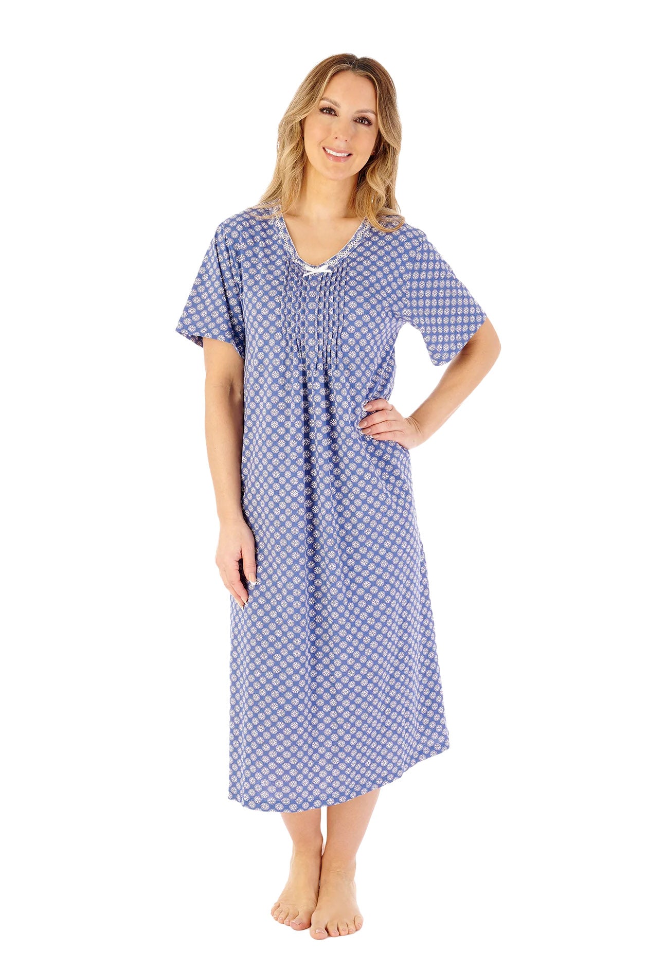 Slenderella Jersey Geometric 45 Inch Short Sleeve Nightdress - Navy