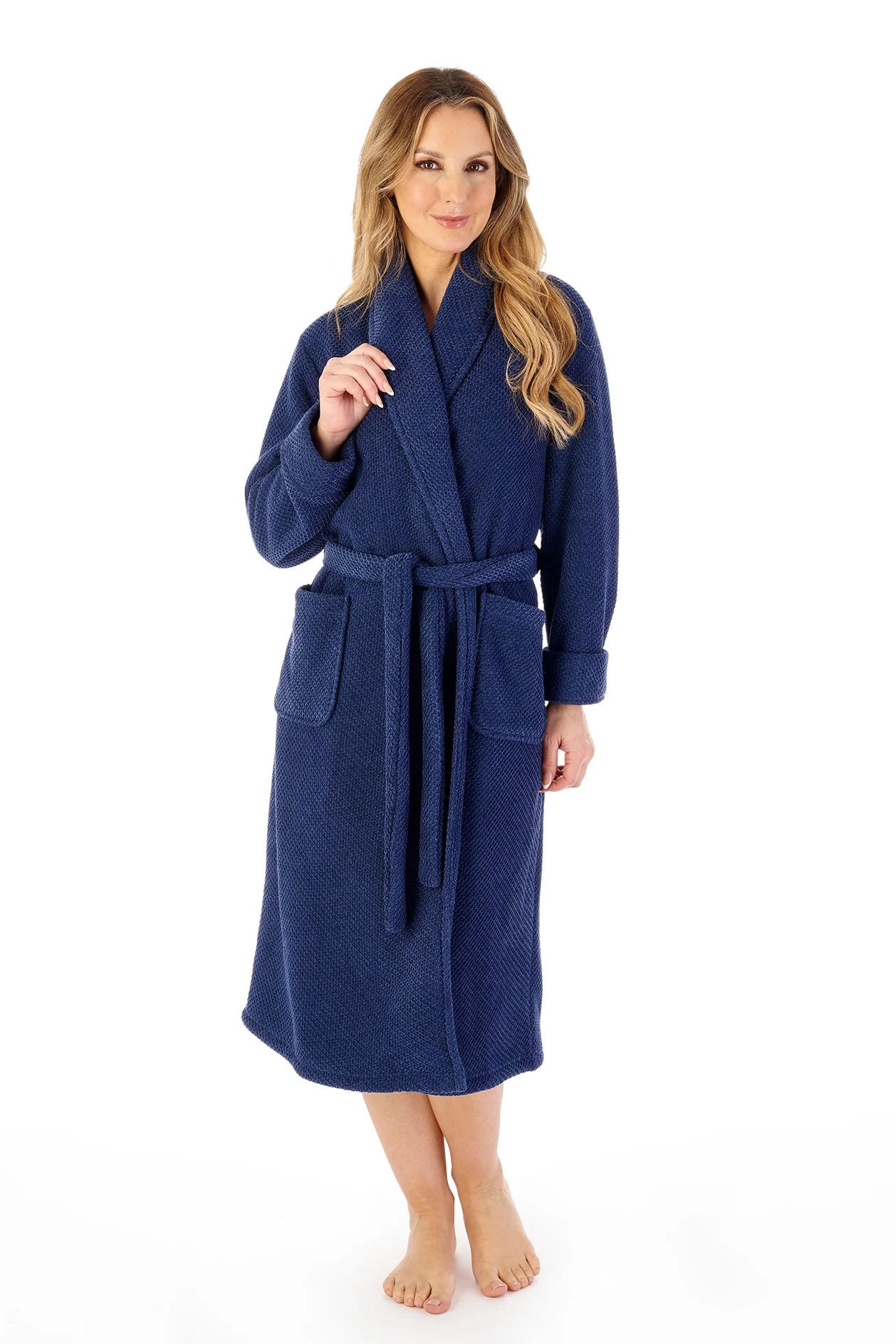 Slenderella Soft Waffle Faux Fur Lined 46 Inch Dressing Gown - Navy