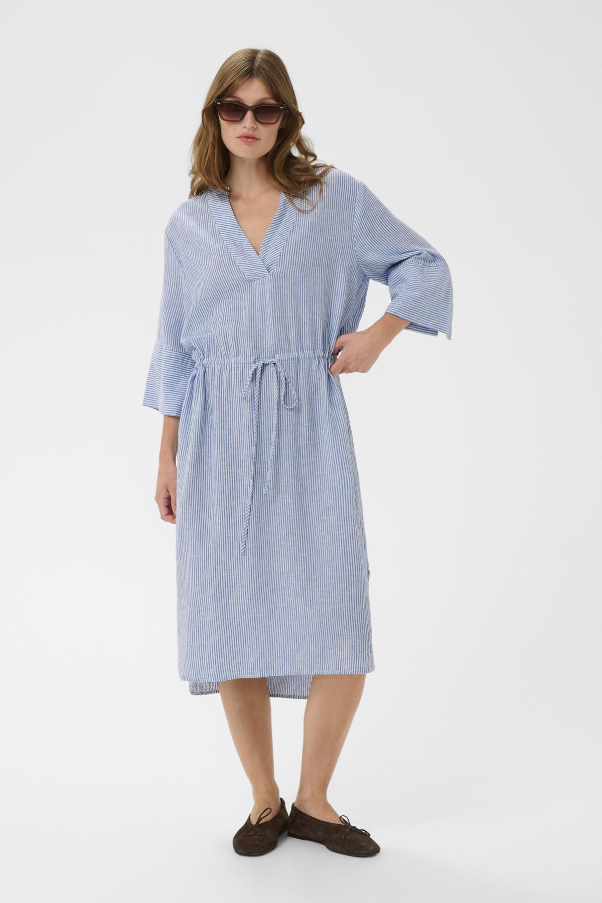 Soaked in Luxury Aria Stripe Linen Blend Midi Dress - Regatta and White Stripe