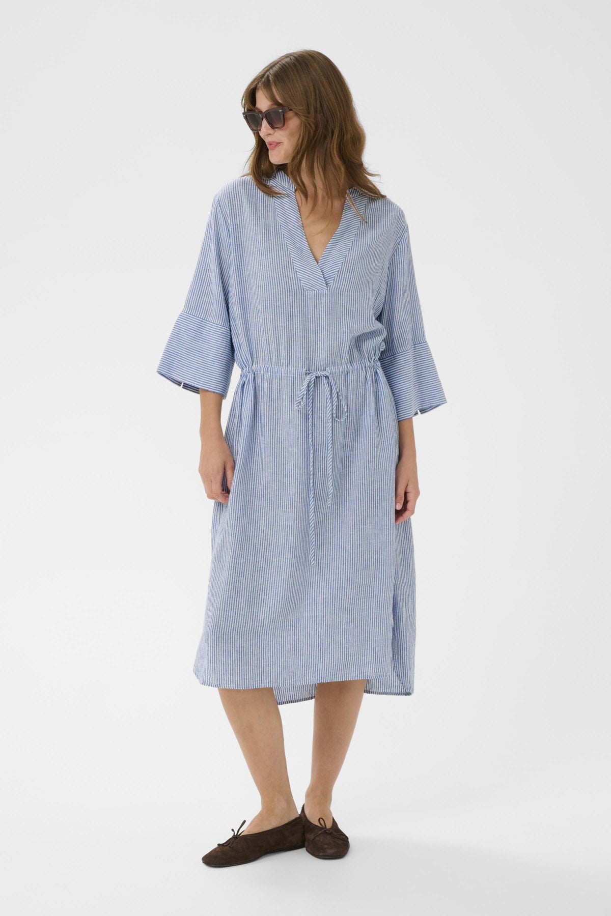 Soaked in Luxury Aria Stripe Linen Blend Midi Dress - Regatta and White Stripe