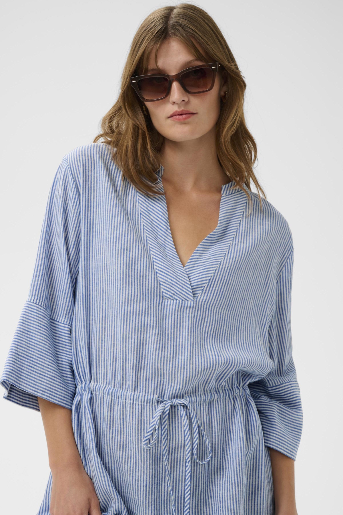 Soaked in Luxury Aria Stripe Linen Blend Midi Dress - Regatta and White Stripe