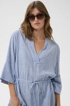 Soaked in Luxury Aria Stripe Linen Blend Midi Dress - Regatta and White Stripe
