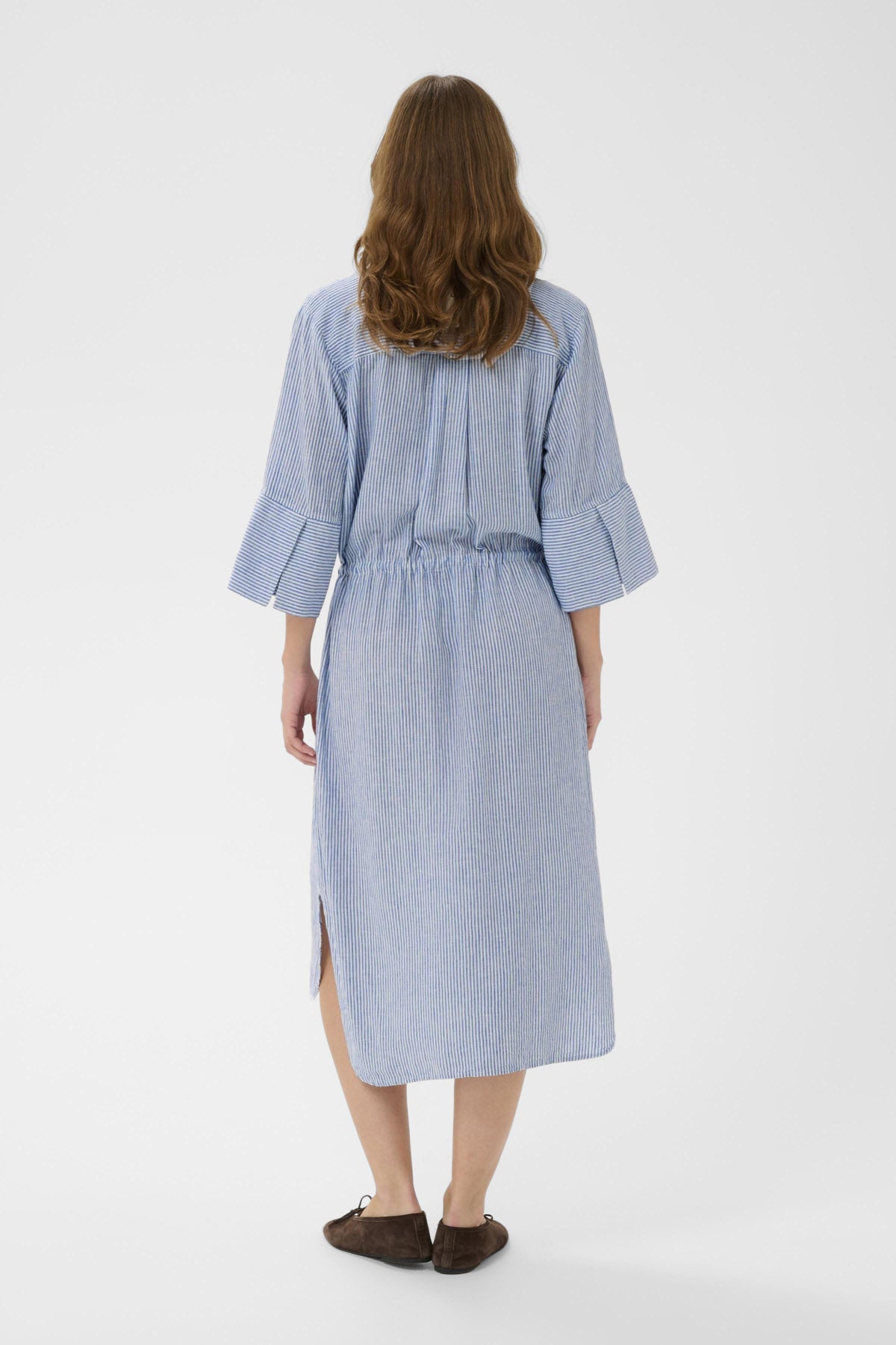 Soaked in Luxury Aria Stripe Linen Blend Midi Dress - Regatta and White Stripe