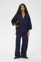 Soaked in Luxury Chaman 3/4 Sleeve Blouse - Dark Blue Denim