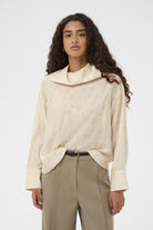 Soaked in Luxury Eneya Printed Funnel Blouse - Parchment Ditsy Print