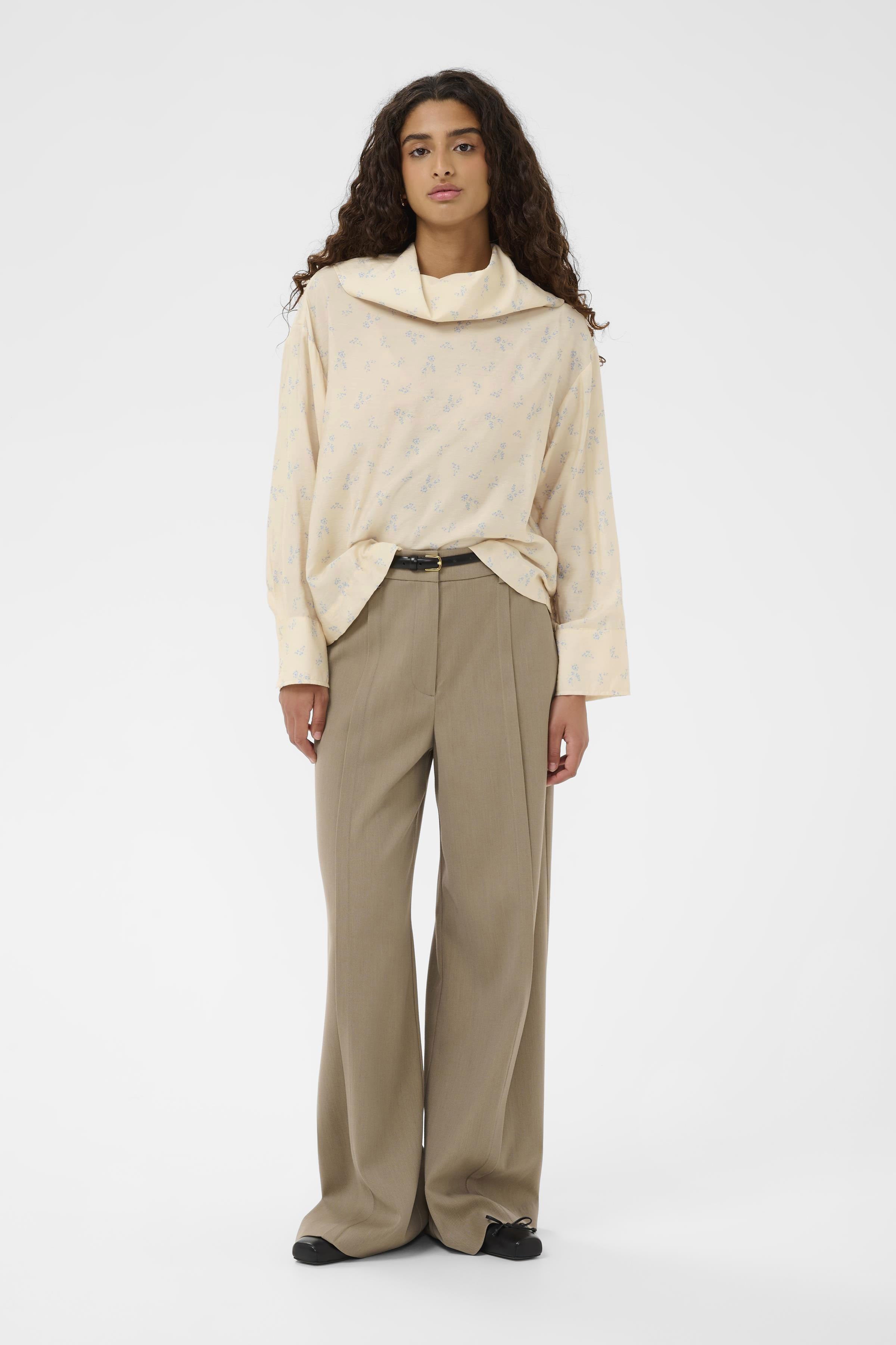 Soaked in Luxury Eneya Printed Funnel Blouse - Parchment Ditsy Print