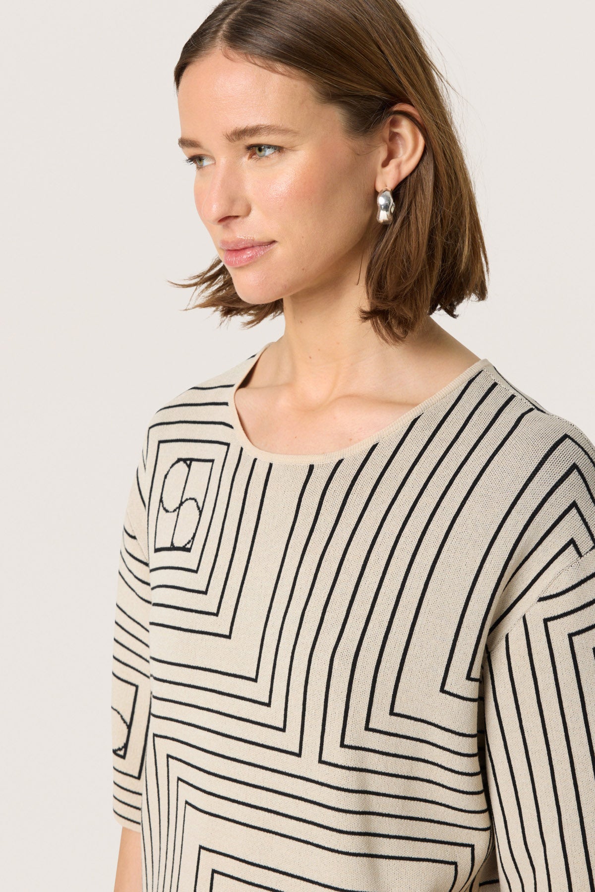 Soaked in Luxury Indianna Short Sleeve Jumper - Oatmeal with Black Monogram