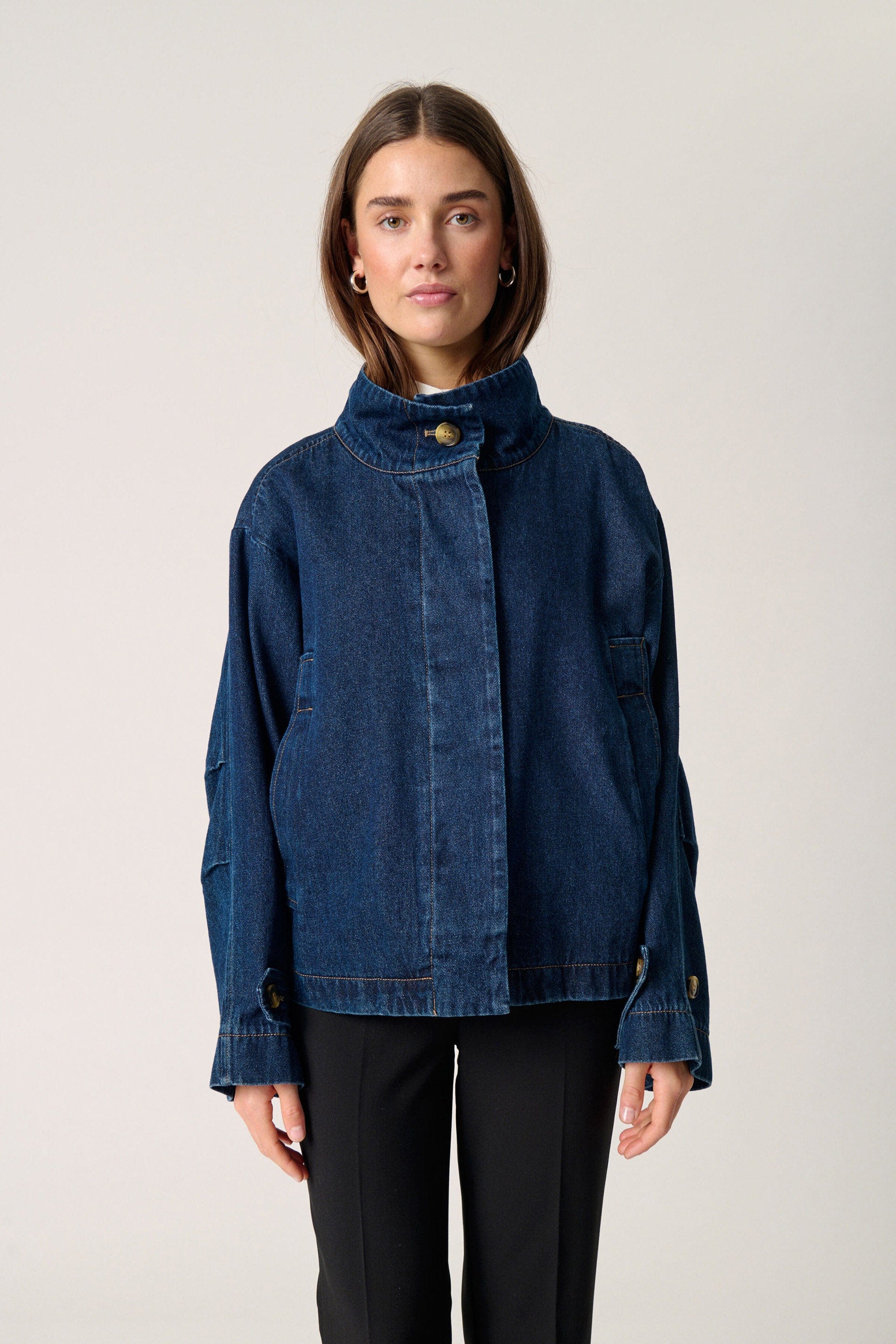 Soaked in Luxury Jannine Cade Stand Collar Denim Jacket - Dark Blue Denim
