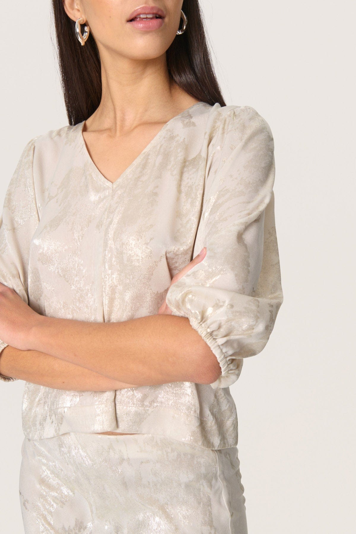 Soaked in Luxury Kitty Blouse - Ancient Scroll Metallic Print