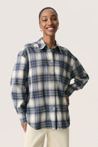 Soaked in Luxury Pamala Check Tie Detail Back Shirt - Navy Checks