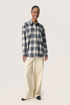 Soaked in Luxury Pamala Check Tie Detail Back Shirt - Navy Checks