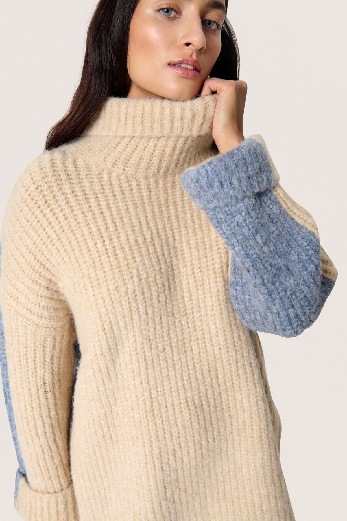 Soaked in Luxury Pleoni Contrast Back Wool Blend Jumper - Doeskin and Blue Melange
