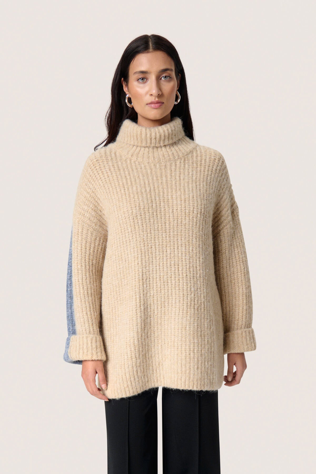 Soaked in Luxury Pleoni Contrast Back Wool Blend Jumper - Doeskin and Blue Melange