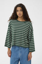 Soaked in Luxury Spina Stripe Boxy Pullover Cropped - Trekking Green/White