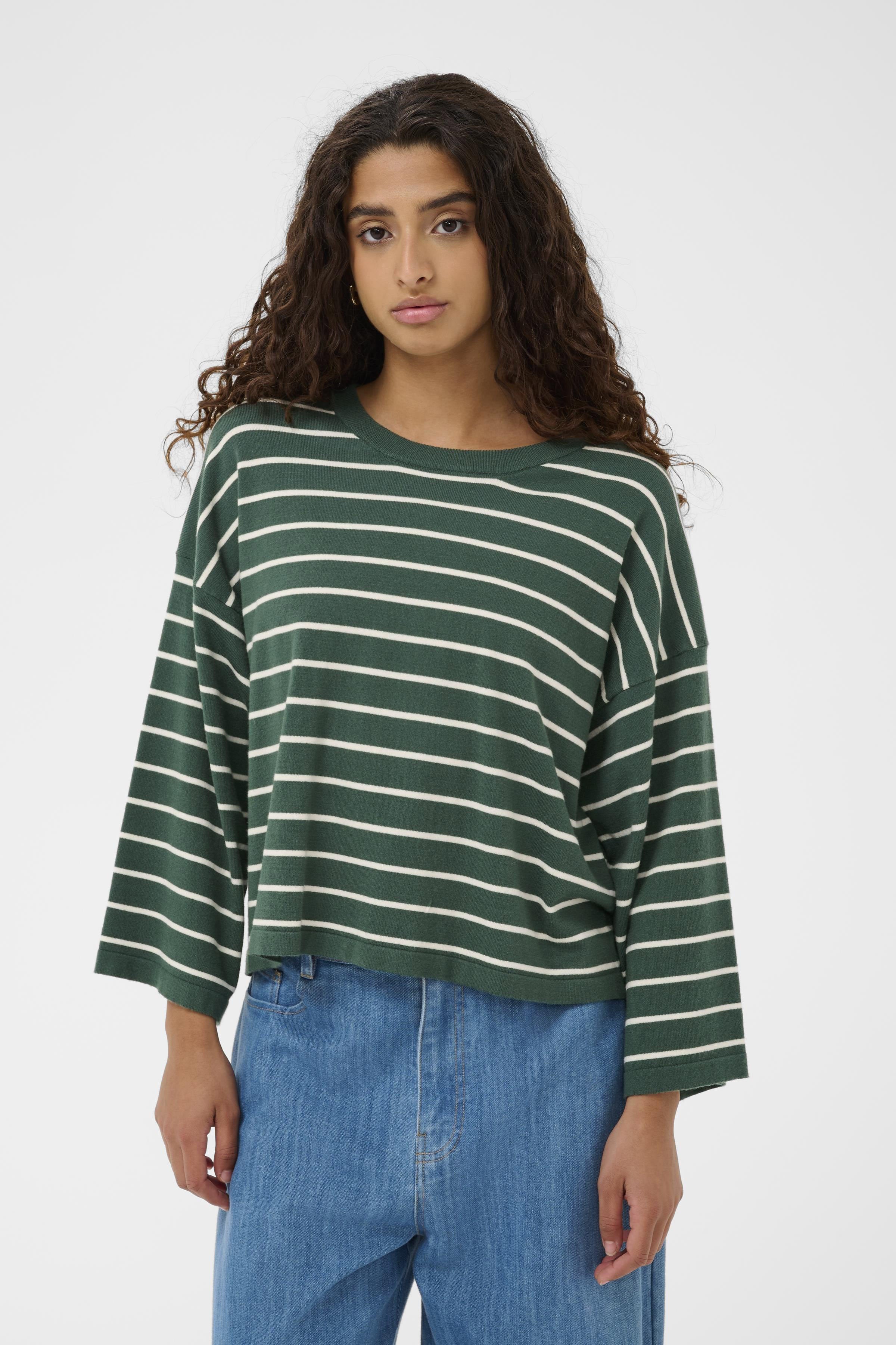 Soaked in Luxury Spina Stripe Boxy Pullover Cropped - Trekking Green/White