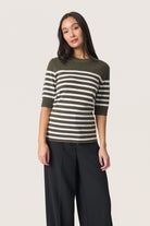 Soaked in Luxury Spina Striped Knitted T-Shirt - Grape Leaf/White Stripe